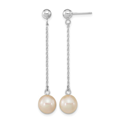 14k White Gold 7-8mm White Round Freshwater Cultured Pearl Chain Dangle Post Earrings