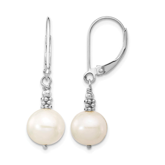 14k White Gold 8-9mm White Near-Round Freshwater Cultured Pearl Dangle Leverback Earrings