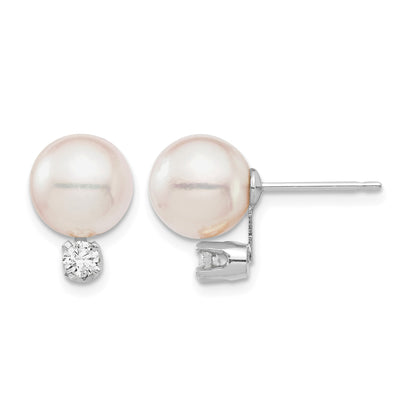 14k White Gold 8-9mm White Round Akoya Saltwater Cultured Pearl and .20 Carat Diamond Post Earrings