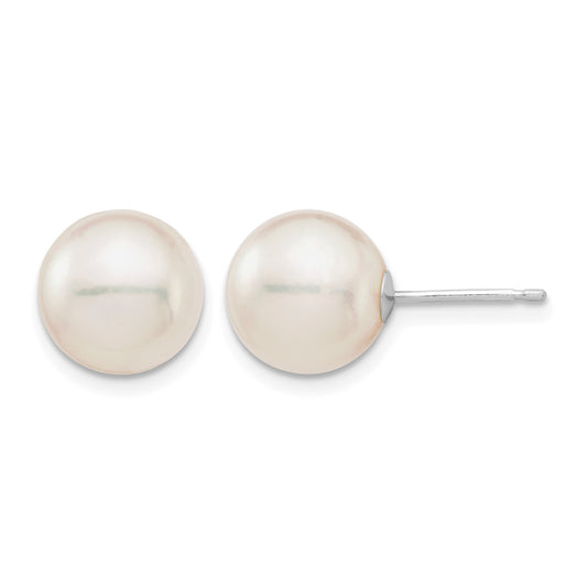 14k White Gold 9-10mm White Round Akoya Saltwater Cultured Pearl Post Earrings
