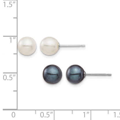 14k White Gold 6-7mm Black and White Round Freshwater Cultured Pearl 2 Pair Stud Post Earrings Set