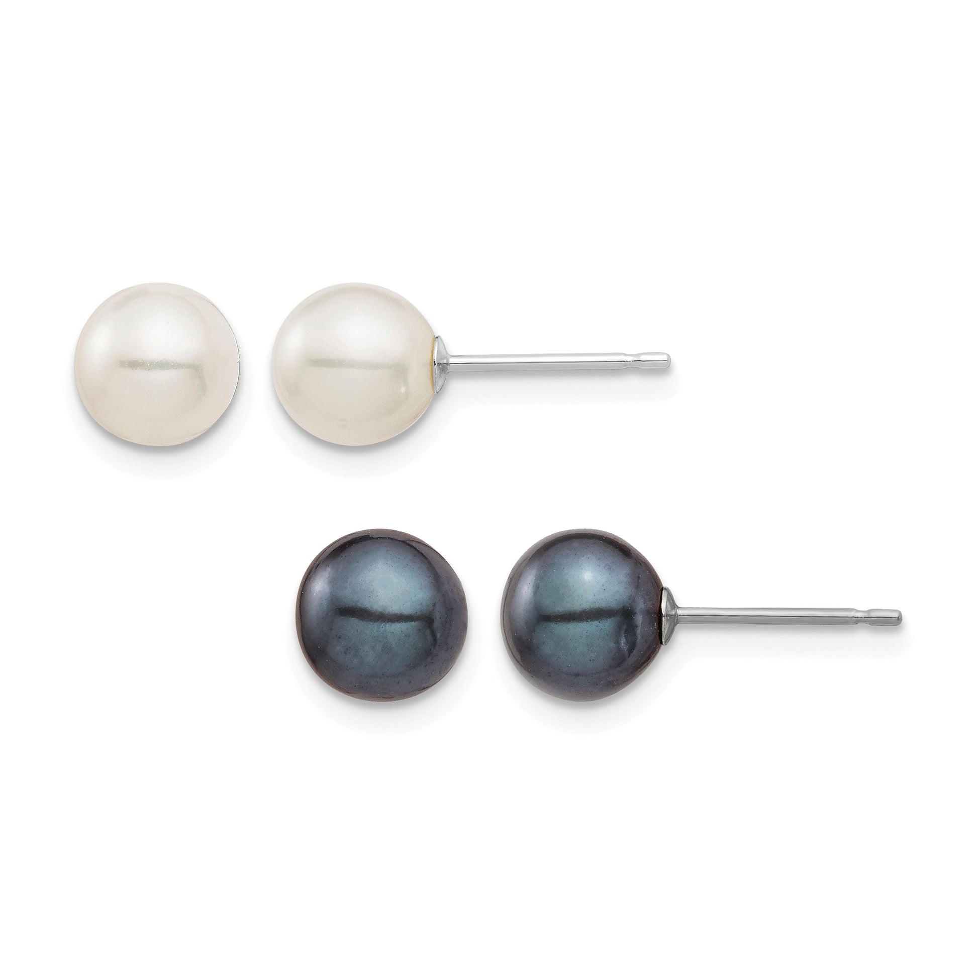 14k White Gold 6-7mm Black and White Round Freshwater Cultured Pearl 2 Pair Stud Post Earrings Set