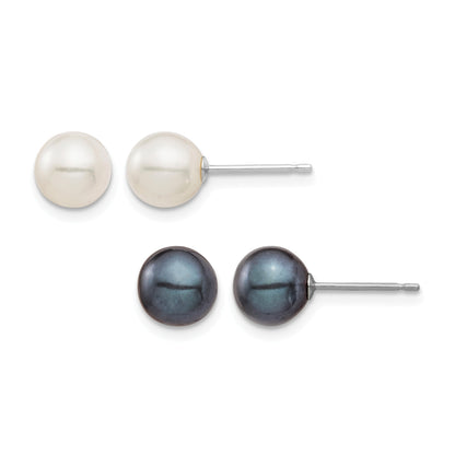 14k White Gold 6-7mm Black and White Round Freshwater Cultured Pearl 2 Pair Stud Post Earrings Set