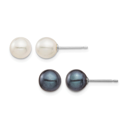 14k White Gold 6-7mm Black and White Round Freshwater Cultured Pearl 2 Pair Stud Post Earrings Set