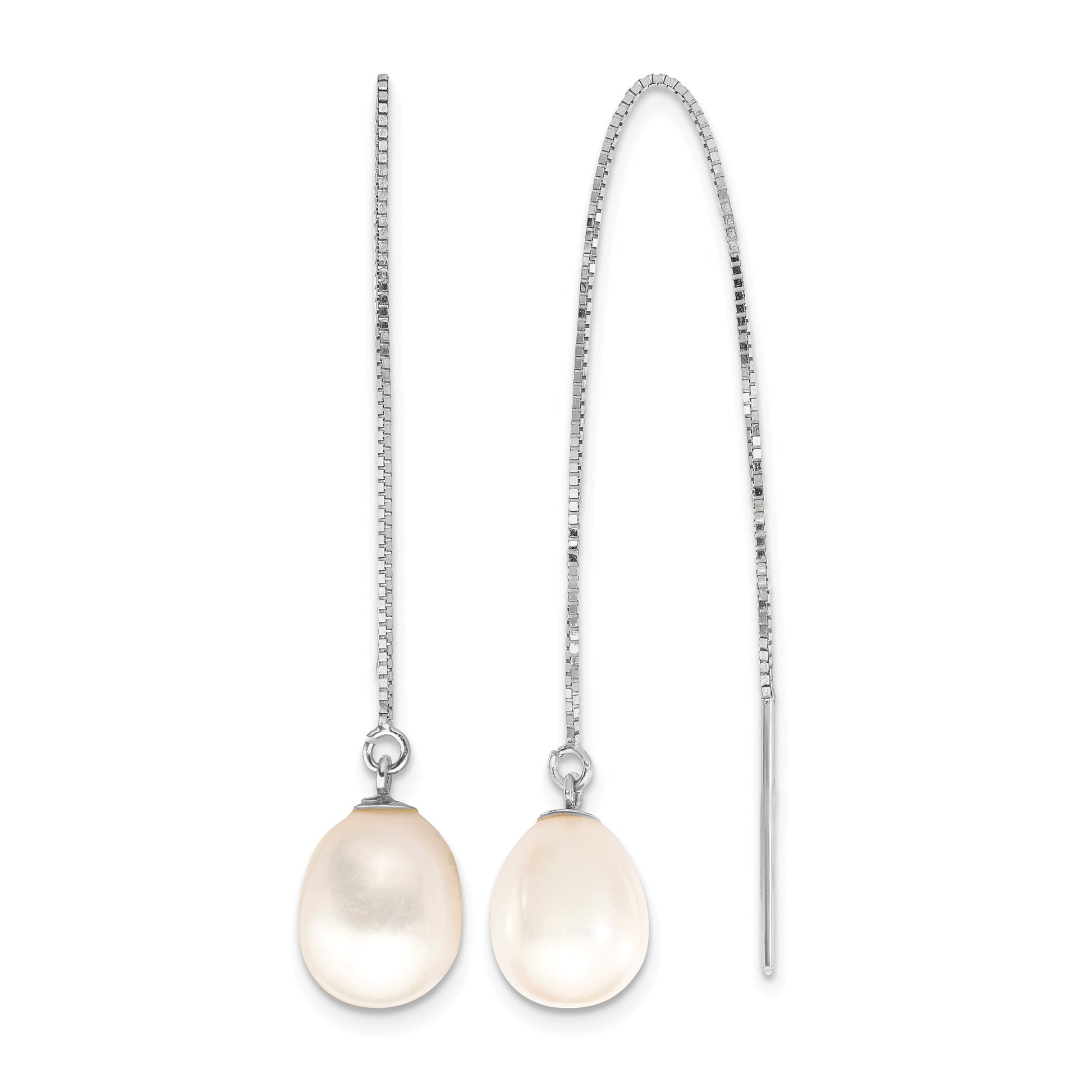 14k White Gold 6-8mm White Teardrop Freshwater Cultured Pearl Threader Earrings
