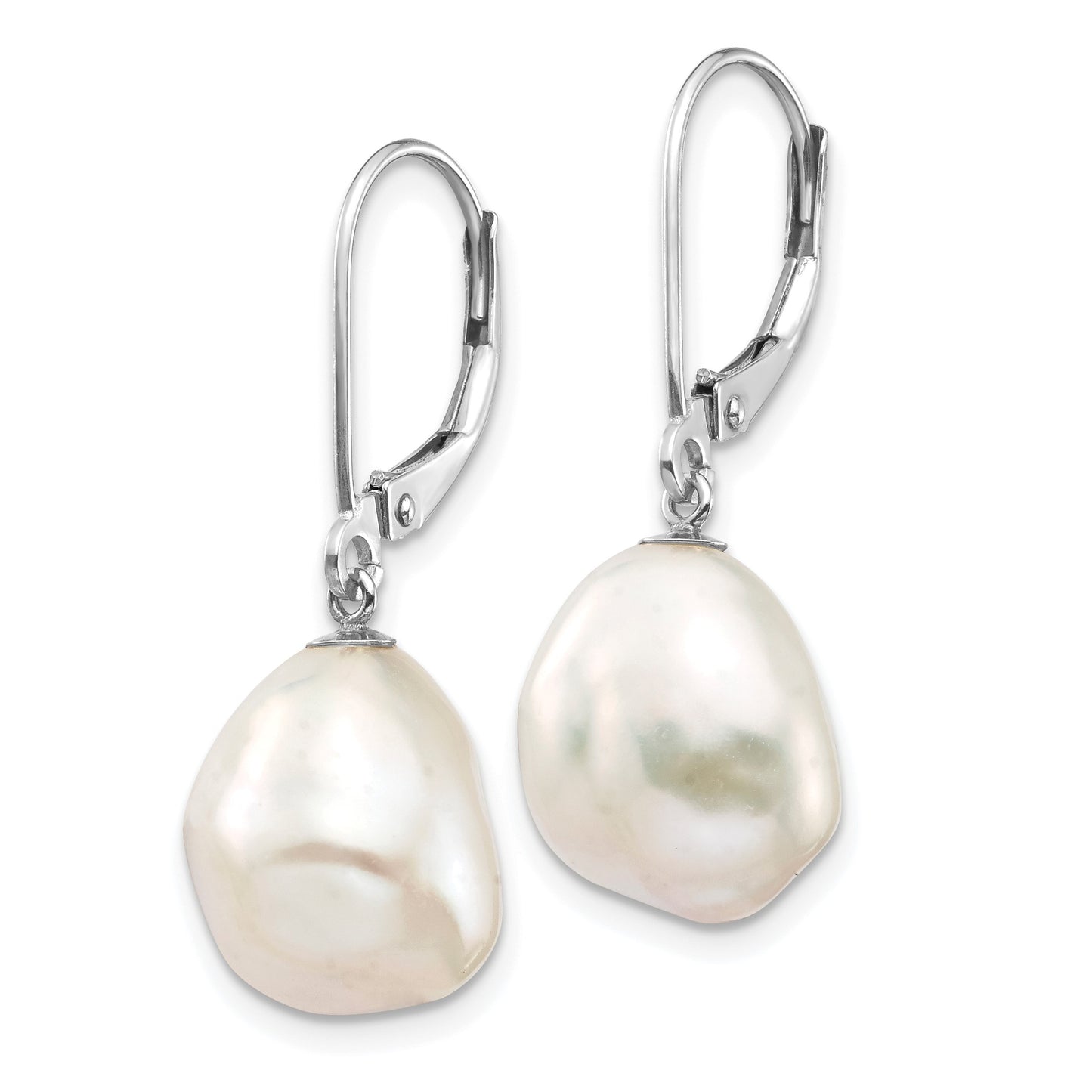 14k White Gold 10x13mm White Keshi Freshwater Cultured Pearl Dangle Leverback Earrings