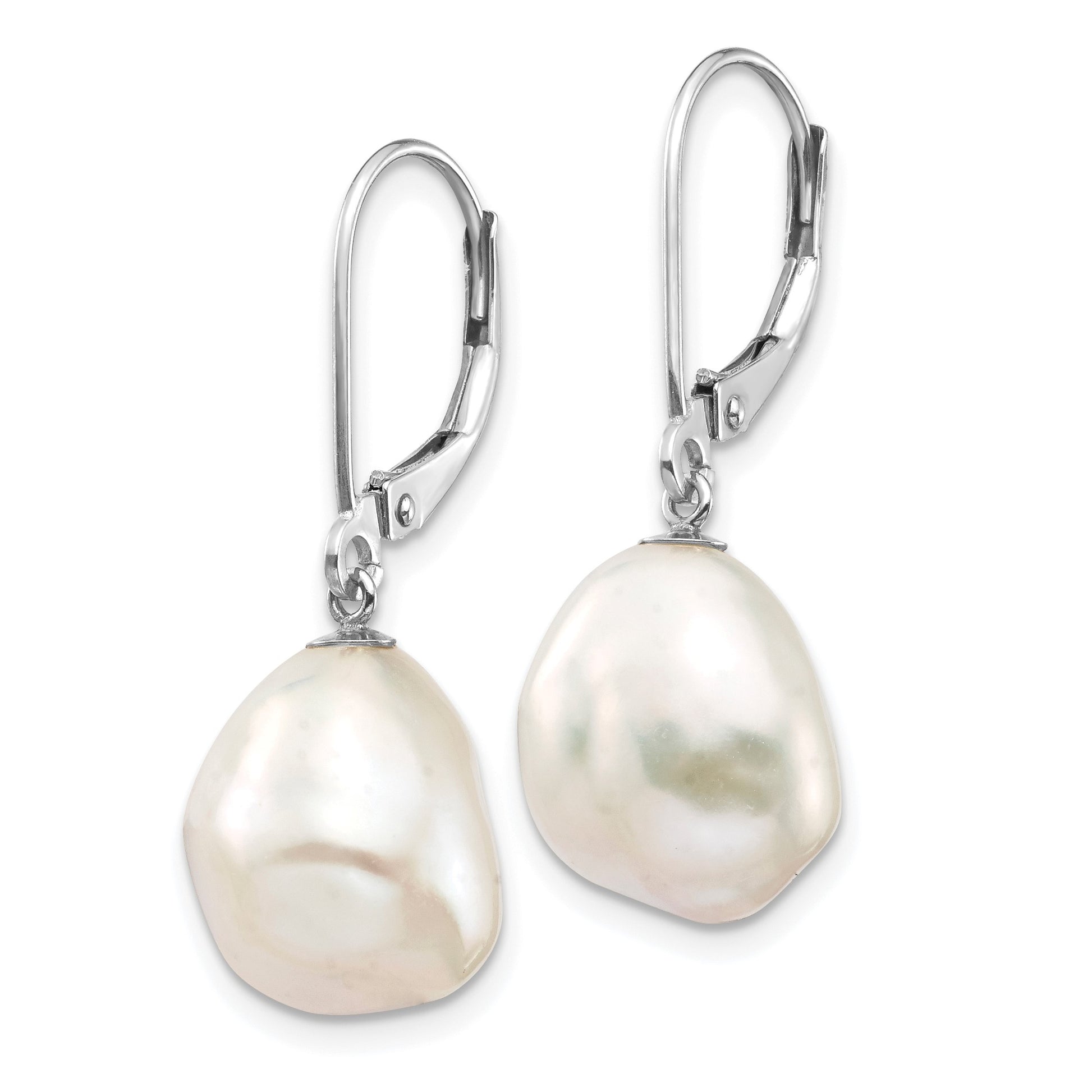 14k White Gold 10x13mm White Keshi Freshwater Cultured Pearl Dangle Leverback Earrings