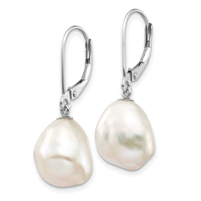 14k White Gold 10x13mm White Keshi Freshwater Cultured Pearl Dangle Leverback Earrings