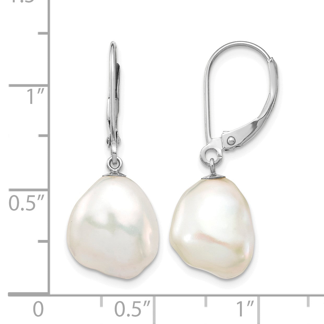 14k White Gold 10x13mm White Keshi Freshwater Cultured Pearl Dangle Leverback Earrings