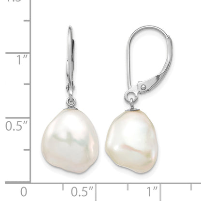 14k White Gold 10x13mm White Keshi Freshwater Cultured Pearl Dangle Leverback Earrings