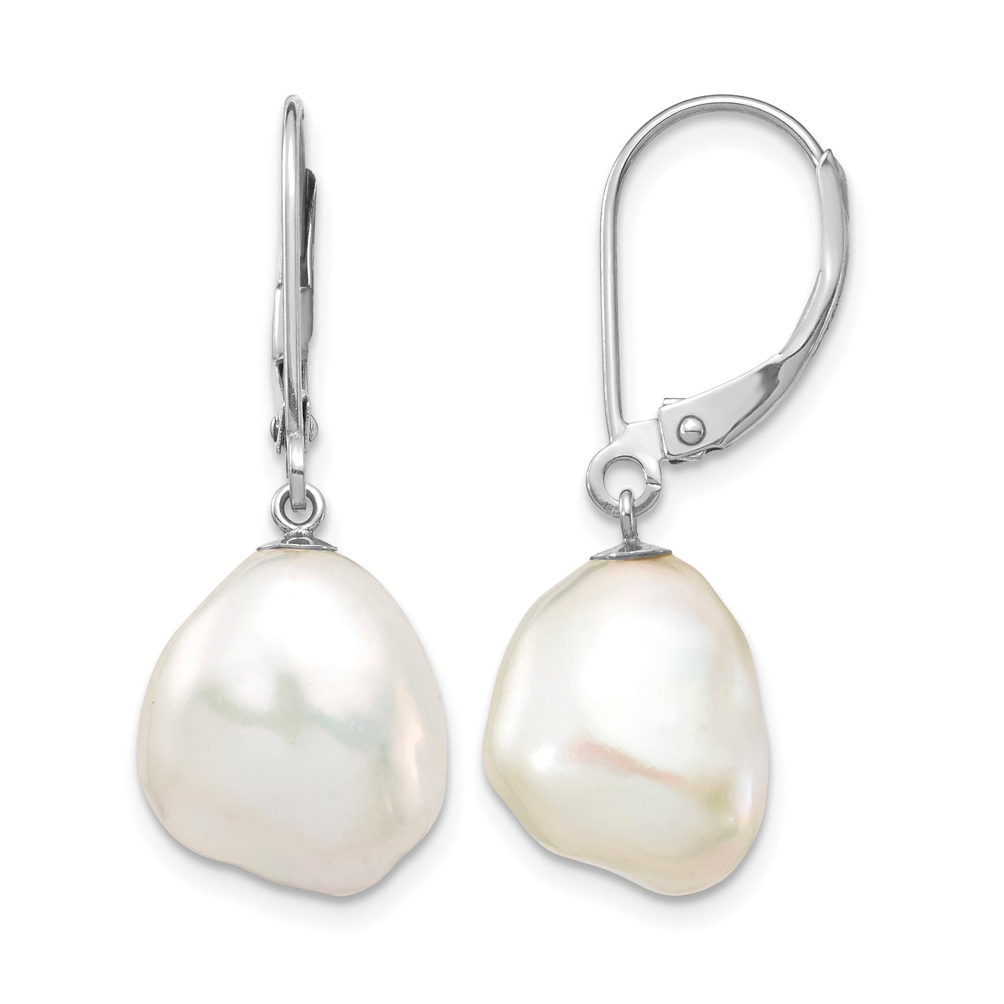 14k White Gold 10x13mm White Keshi Freshwater Cultured Pearl Dangle Leverback Earrings