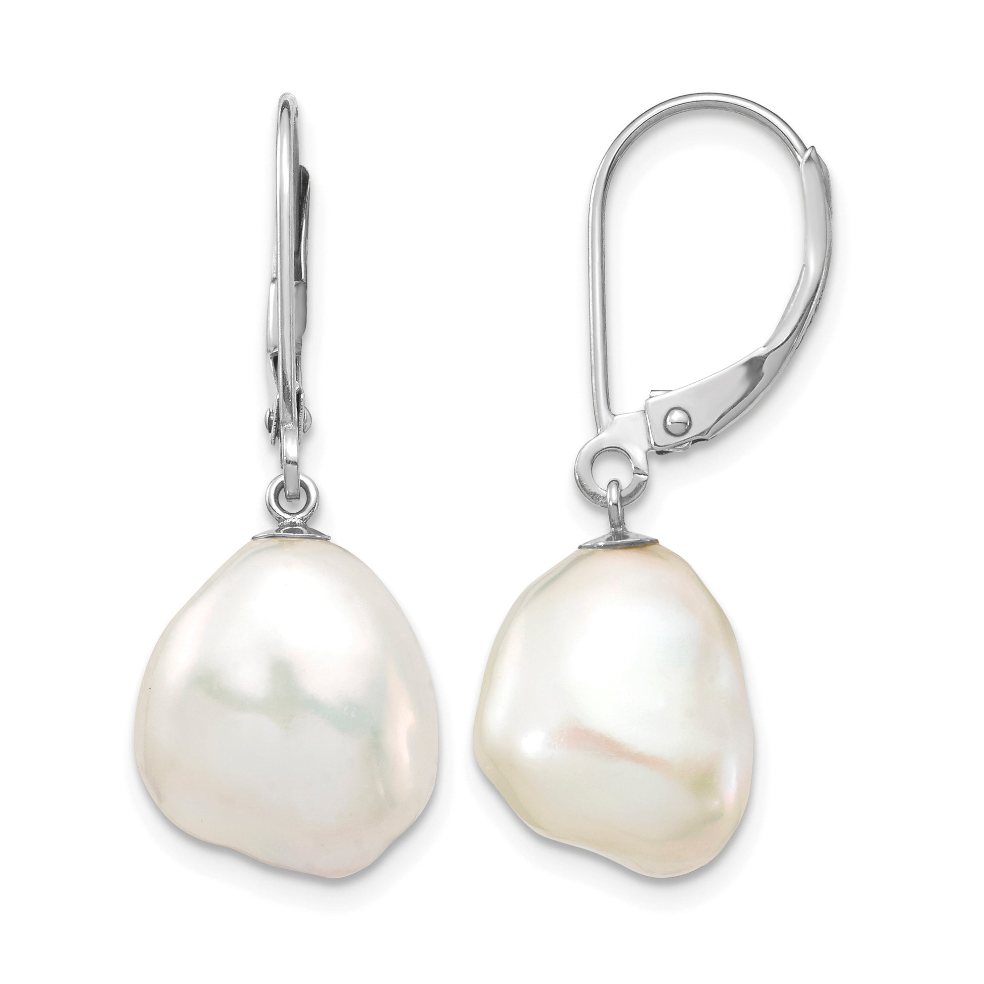 14k White Gold 10x13mm White Keshi Freshwater Cultured Pearl Dangle Leverback Earrings