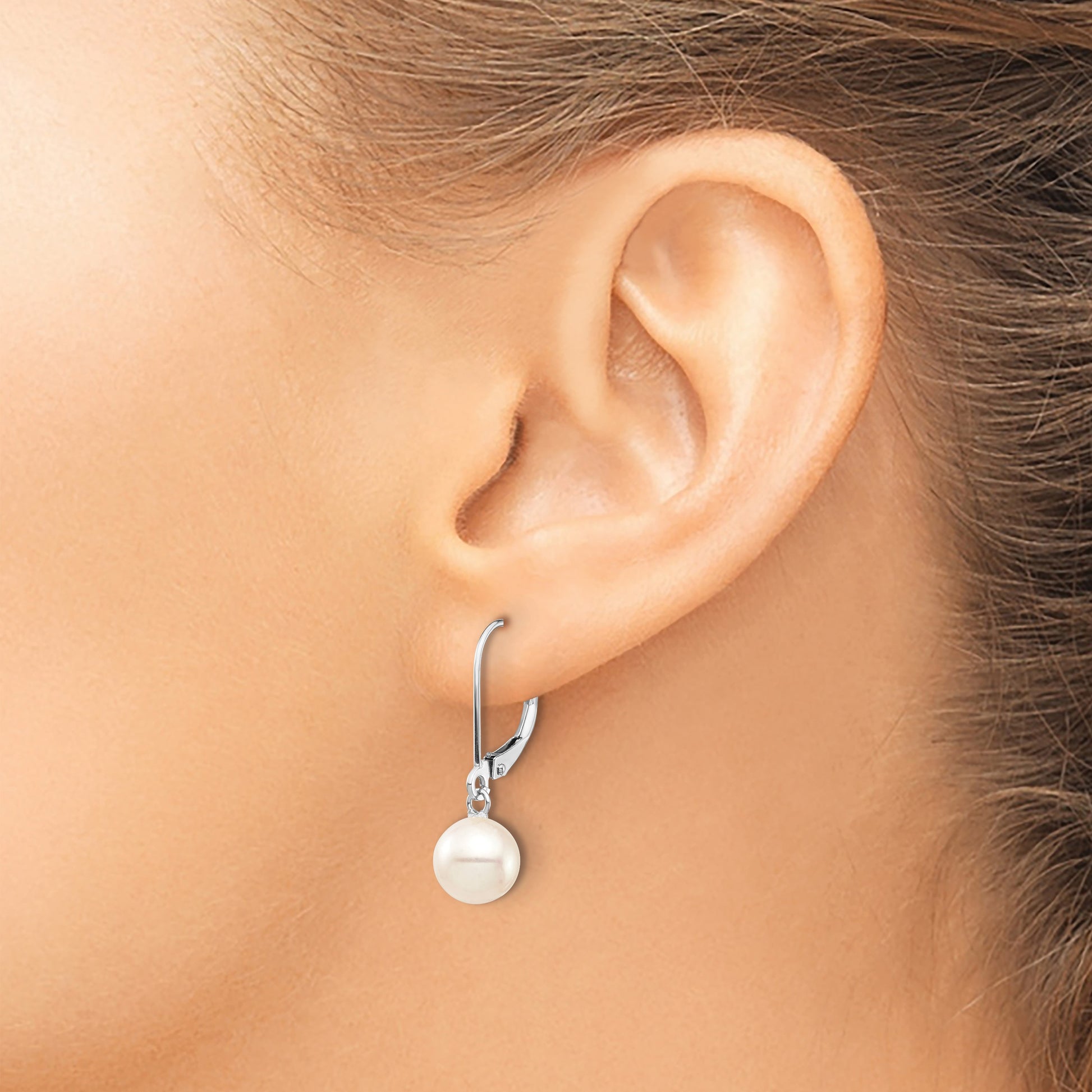 14k White Gold 7-8mm White Round Freshwater Cultured Pearl Dangle Leverback Earrings