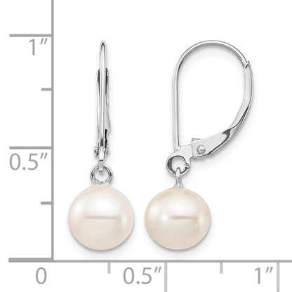 14k White Gold 7-8mm White Round Freshwater Cultured Pearl Dangle Leverback Earrings