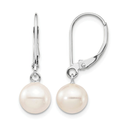 14k White Gold 7-8mm White Round Freshwater Cultured Pearl Dangle Leverback Earrings