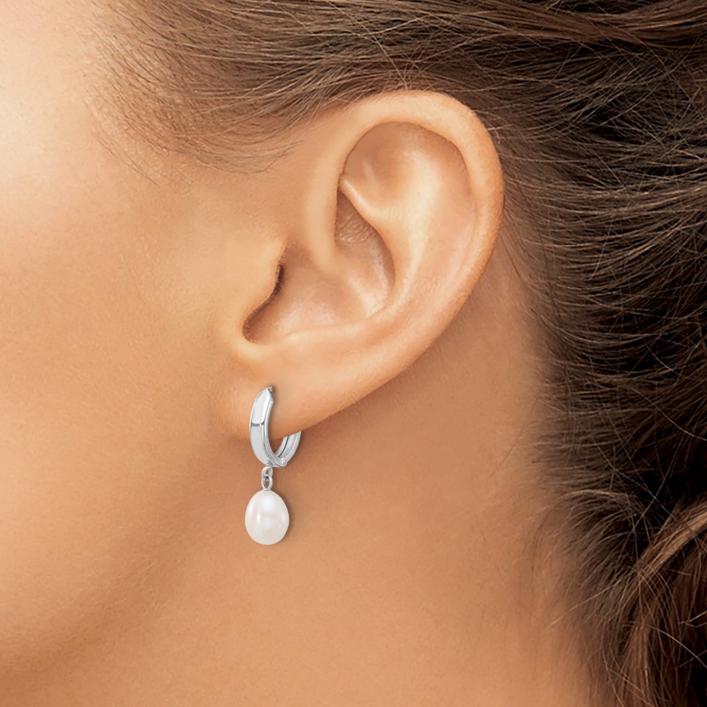 14k White Gold 6-7mm White Teardrop Freshwater Cultured Pearl Hoop Dangle Earrings