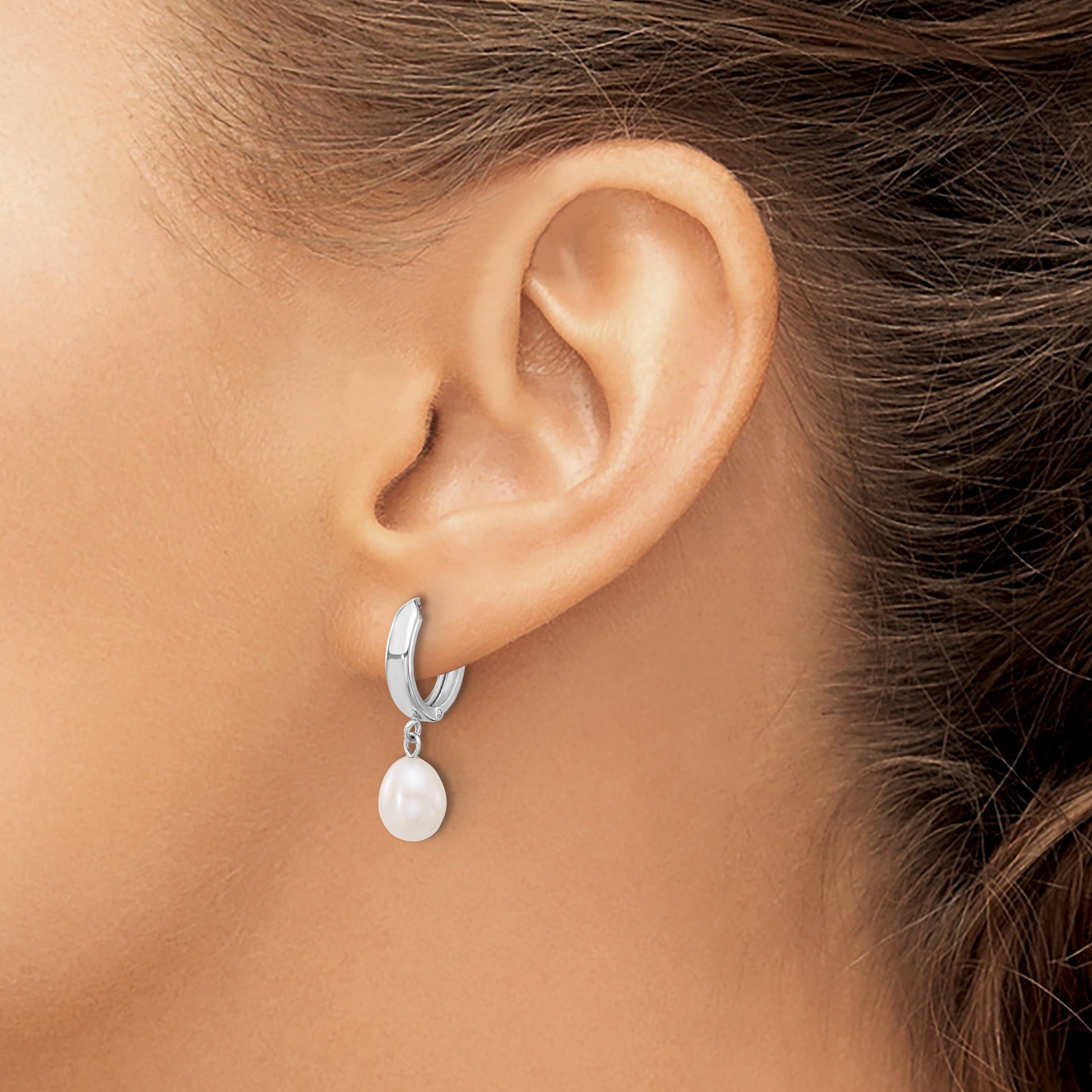 14k White Gold 6-7mm White Teardrop Freshwater Cultured Pearl Hoop Dangle Earrings