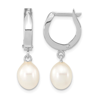 14k White Gold 6-7mm White Teardrop Freshwater Cultured Pearl Hoop Dangle Earrings