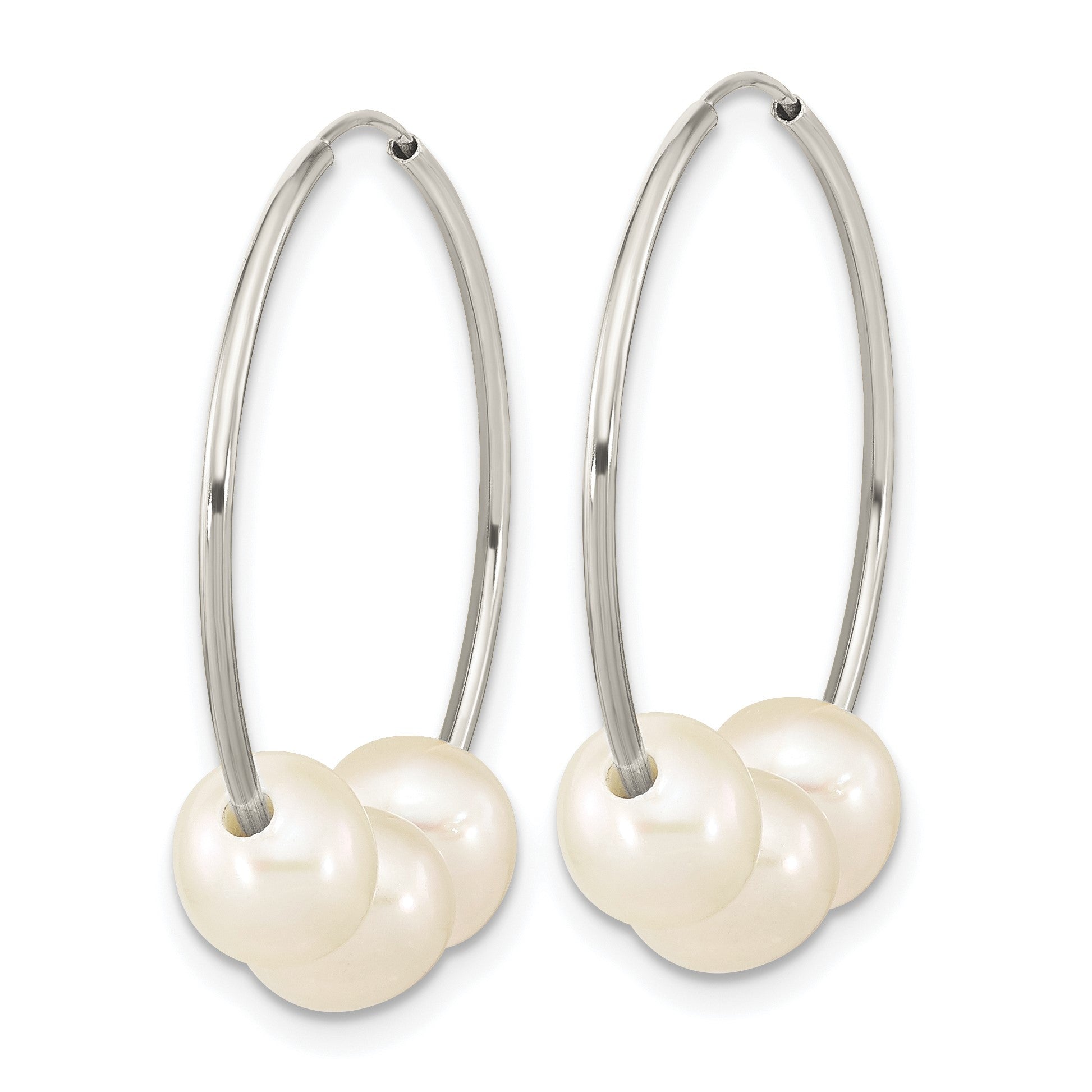 14k White Gold 6-7mm White Semi-Round Freshwater Cultured 3 Pearl Hoop Earrings