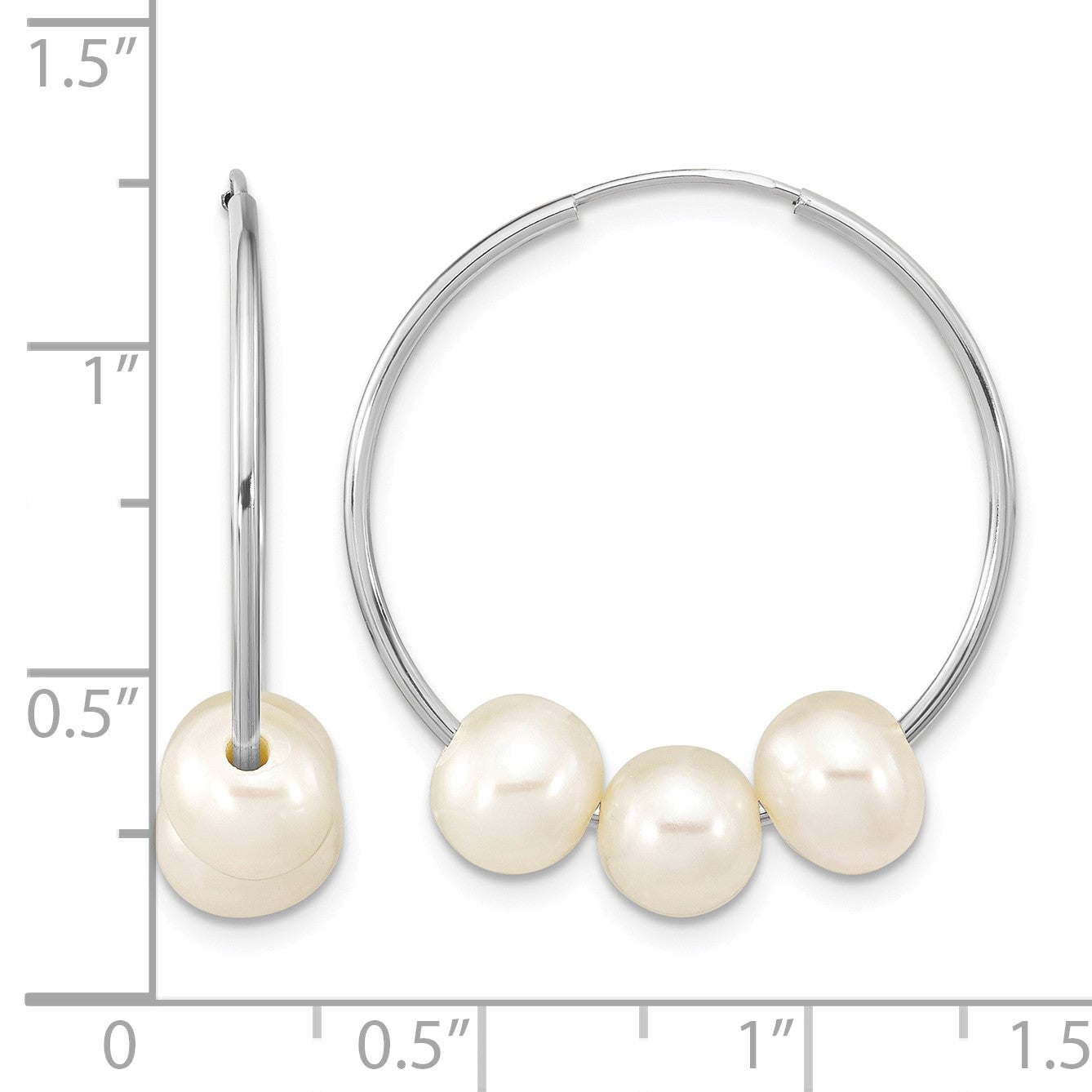 14k White Gold 6-7mm White Semi-Round Freshwater Cultured 3 Pearl Hoop Earrings