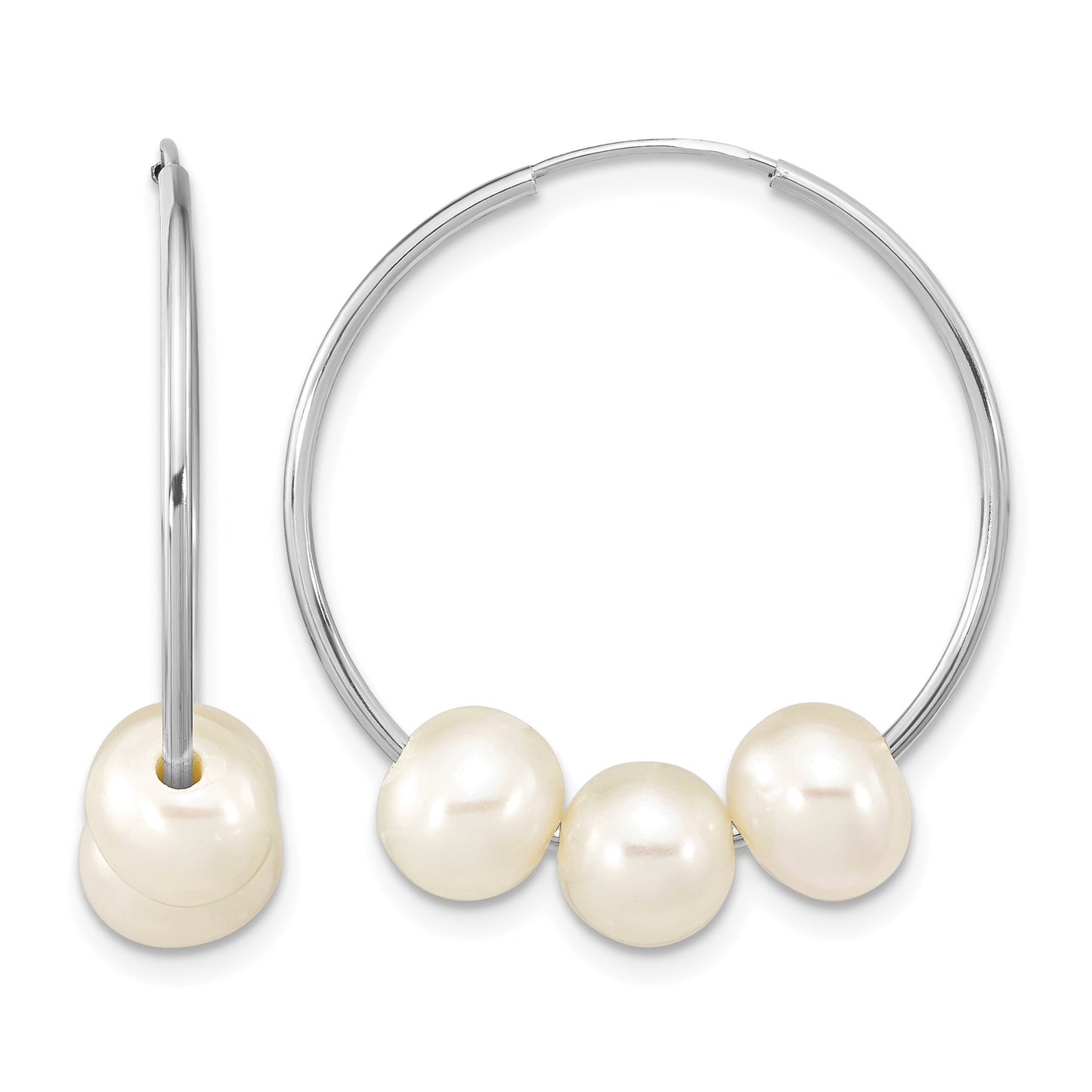 14k White Gold 6-7mm White Semi-Round Freshwater Cultured 3 Pearl Hoop Earrings