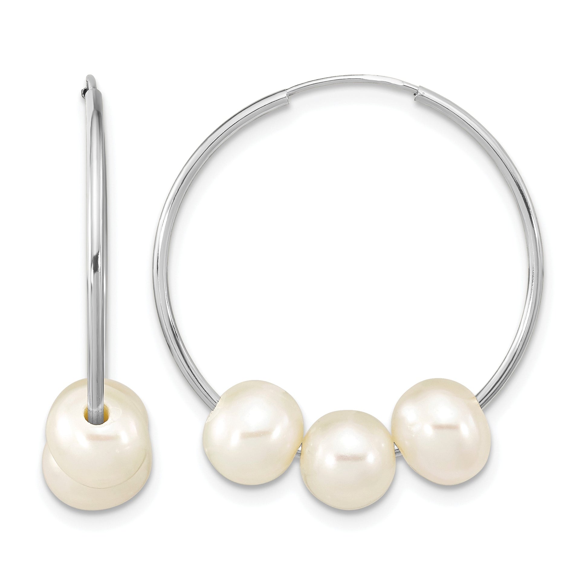 14k White Gold 6-7mm White Semi-Round Freshwater Cultured 3 Pearl Hoop Earrings