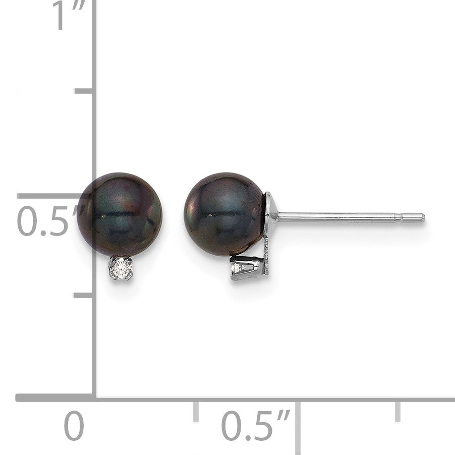 14k White Gold 5-6mm Black Round Akoya Saltwater Cultured Pearl and .02 Carat Diamond Post Earrings