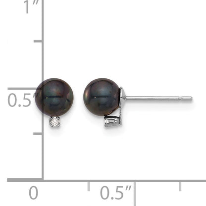 14k White Gold 5-6mm Black Round Akoya Saltwater Cultured Pearl and .02 Carat Diamond Post Earrings