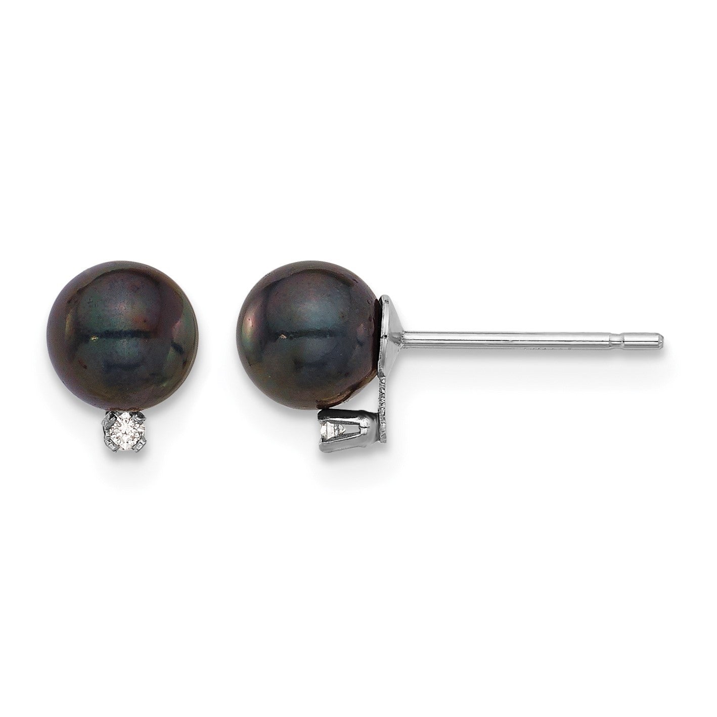 14k White Gold 5-6mm Black Round Akoya Saltwater Cultured Pearl and .02 Carat Diamond Post Earrings