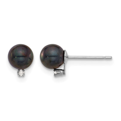 14k White Gold 5-6mm Black Round Akoya Saltwater Cultured Pearl and .02 Carat Diamond Post Earrings
