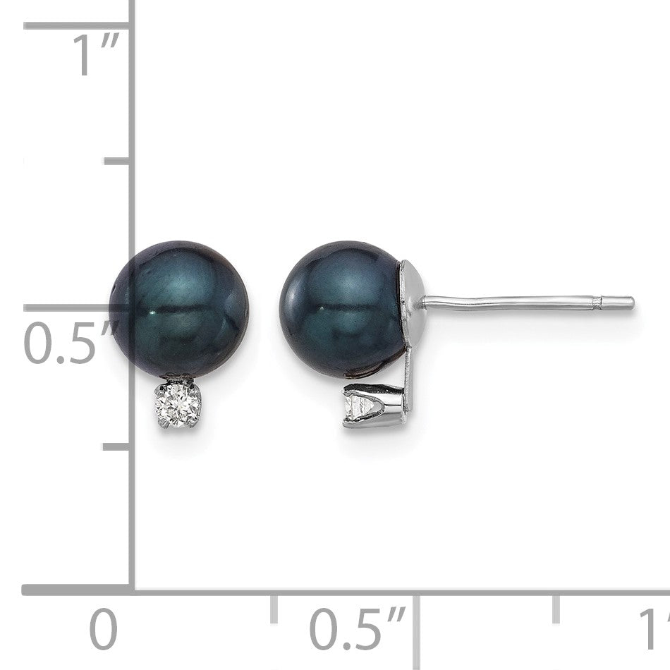 14k White Gold 6-7mm Black Round Akoya Saltwater Cultured Pearl and .06 Carat Diamond Post Earrings