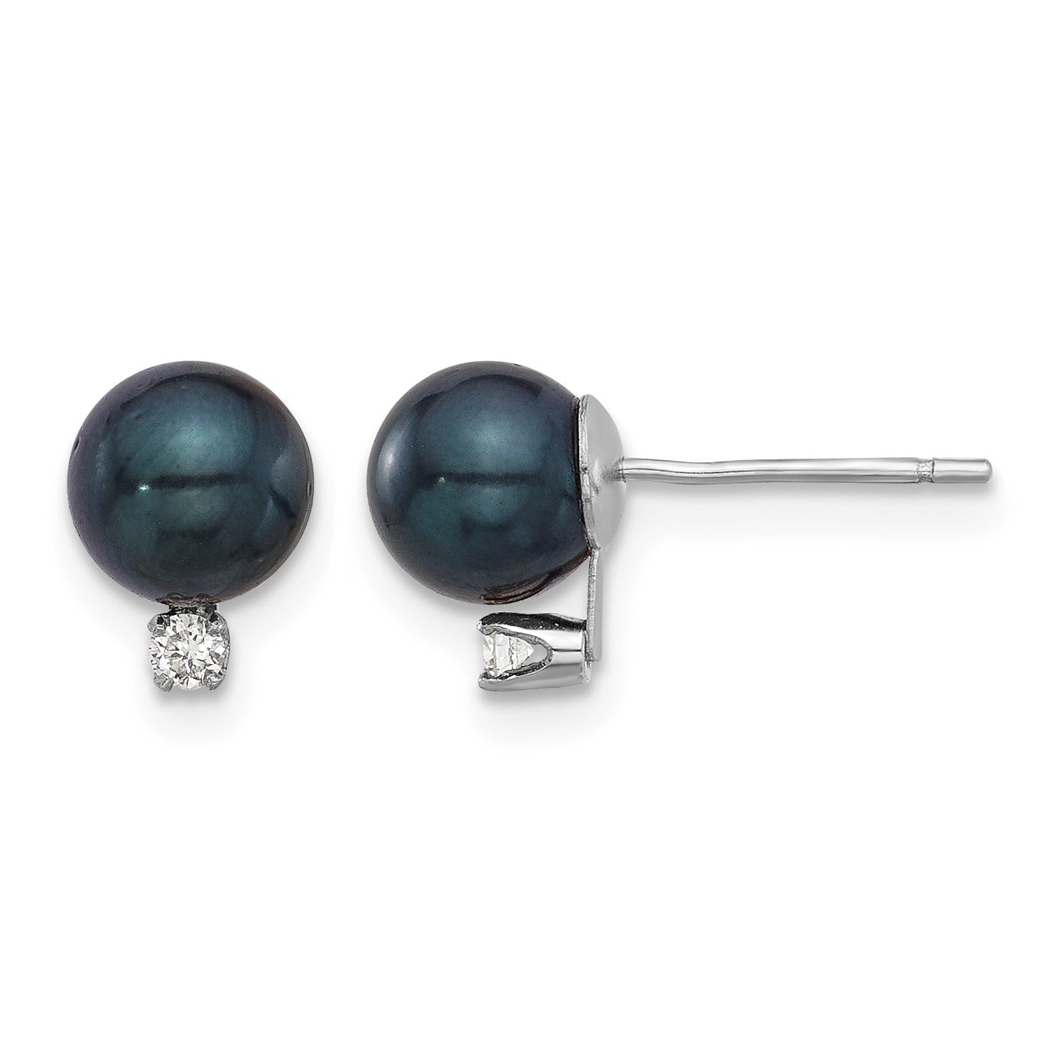 14k White Gold 6-7mm Black Round Akoya Saltwater Cultured Pearl and .06 Carat Diamond Post Earrings
