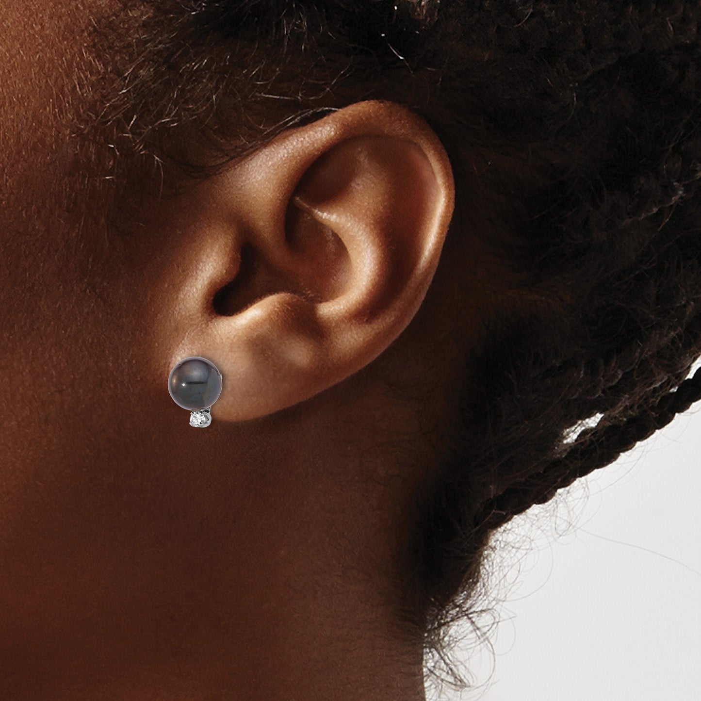 14k White Gold 7-8mm Black Round Akoya Saltwater Cultured Pearl and .10 Carat Diamond Post Earrings