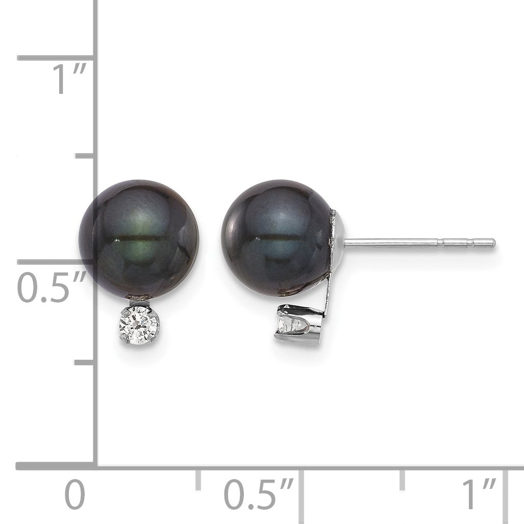 14k White Gold 7-8mm Black Round Akoya Saltwater Cultured Pearl and .10 Carat Diamond Post Earrings