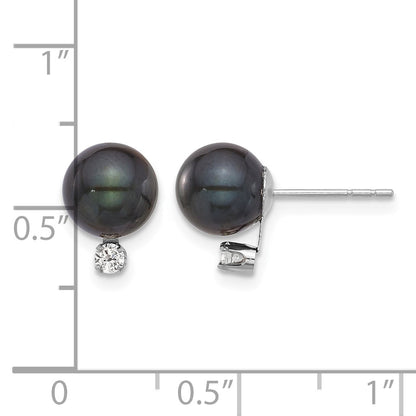 14k White Gold 7-8mm Black Round Akoya Saltwater Cultured Pearl and .10 Carat Diamond Post Earrings