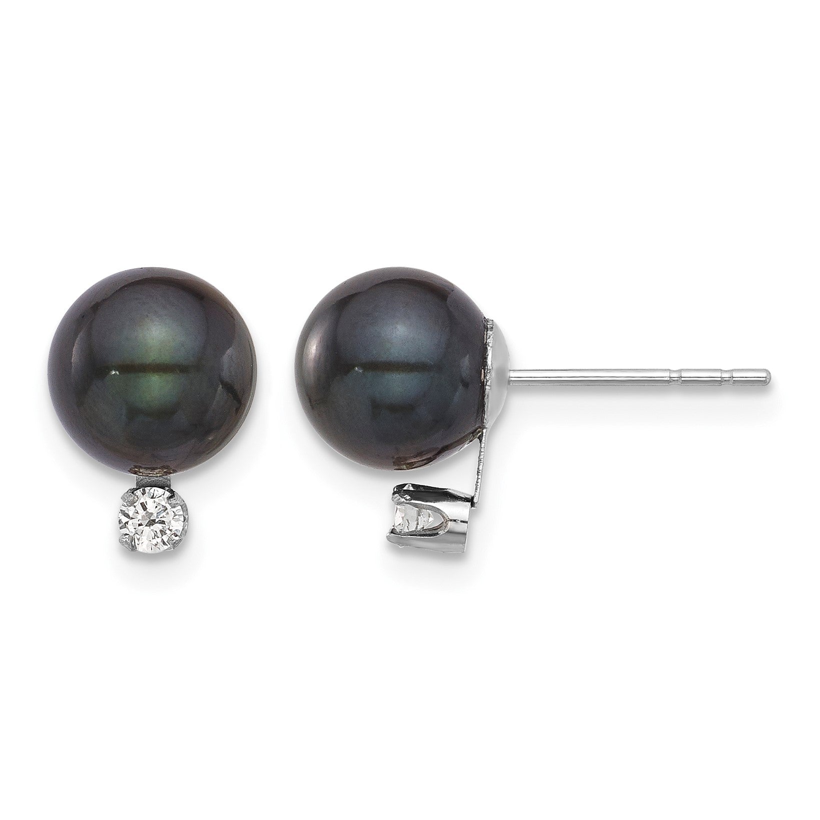 14k White Gold 7-8mm Black Round Akoya Saltwater Cultured Pearl and .10 Carat Diamond Post Earrings