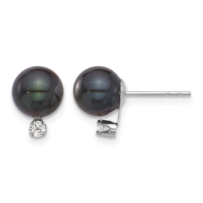 14k White Gold 7-8mm Black Round Akoya Saltwater Cultured Pearl and .10 Carat Diamond Post Earrings