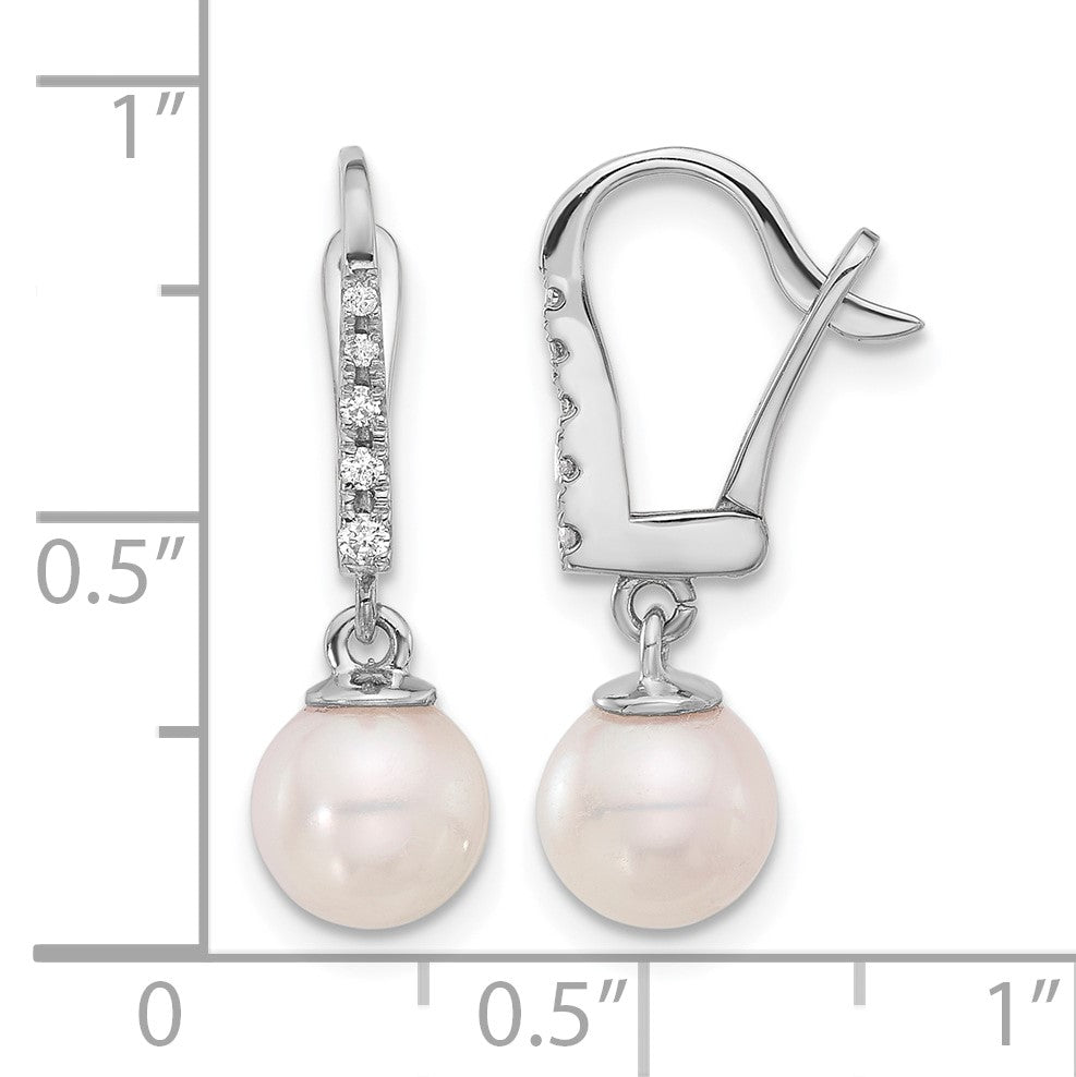 14k White Gold 6-7mm White Round Akoya Saltwater Cultured Pearl and .085 Carat Diamond Dangle Earrings
