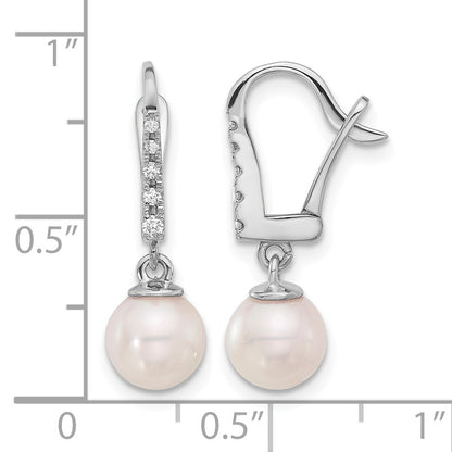 14k White Gold 6-7mm White Round Akoya Saltwater Cultured Pearl and .085 Carat Diamond Dangle Earrings