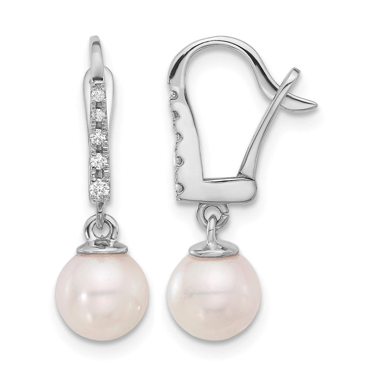 14k White Gold 6-7mm White Round Akoya Saltwater Cultured Pearl and .085 Carat Diamond Dangle Earrings