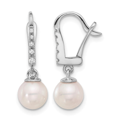 14k White Gold 6-7mm White Round Akoya Saltwater Cultured Pearl and .085 Carat Diamond Dangle Earrings