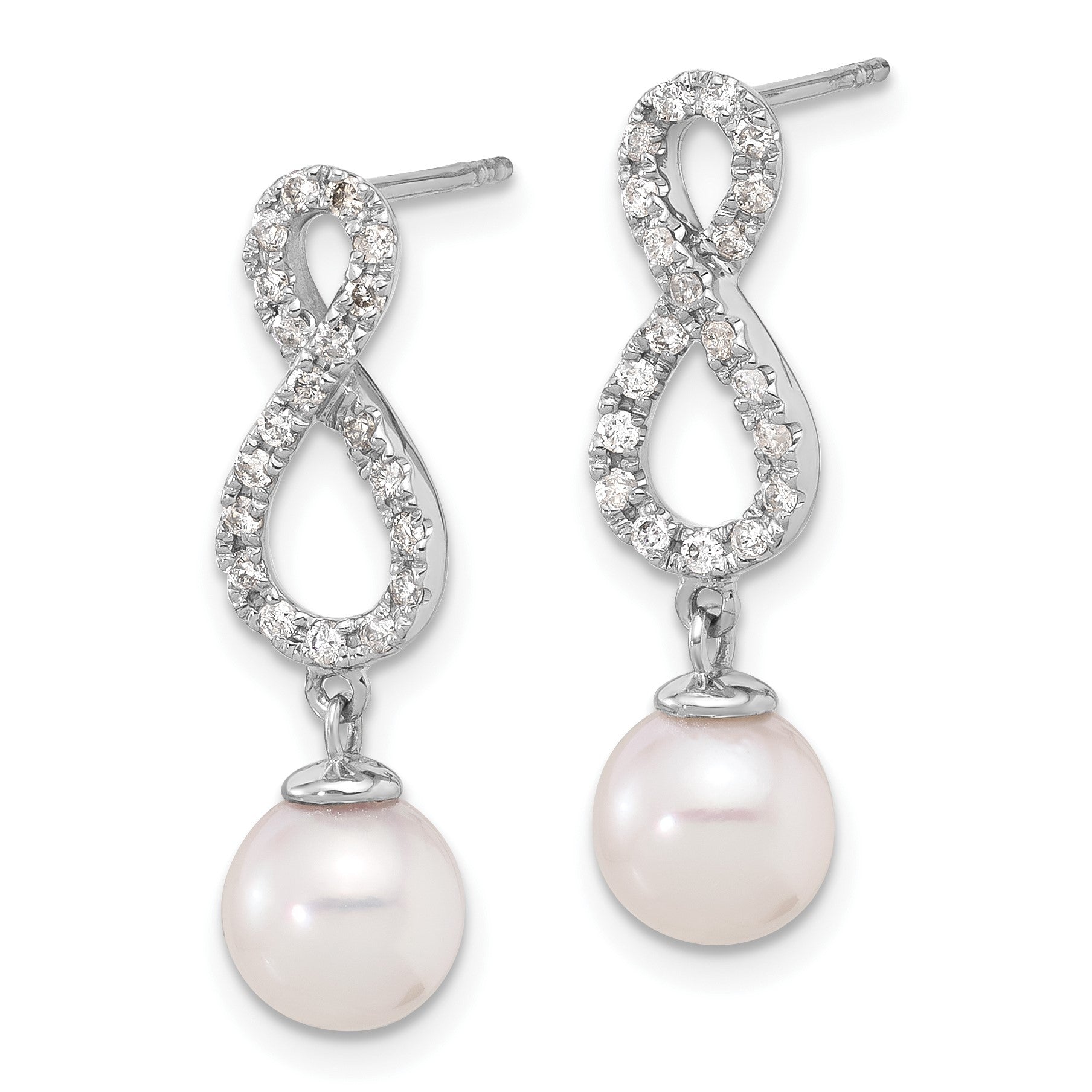 14k White Gold 7-8mm White Round Akoya Saltwater Cultured Pearl and .40 Carat Diamond Infinity Post Dangle Earrings