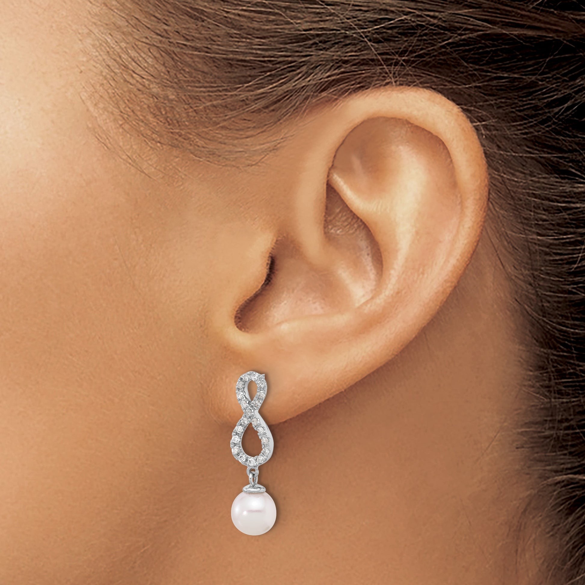 14k White Gold 7-8mm White Round Akoya Saltwater Cultured Pearl and .40 Carat Diamond Infinity Post Dangle Earrings