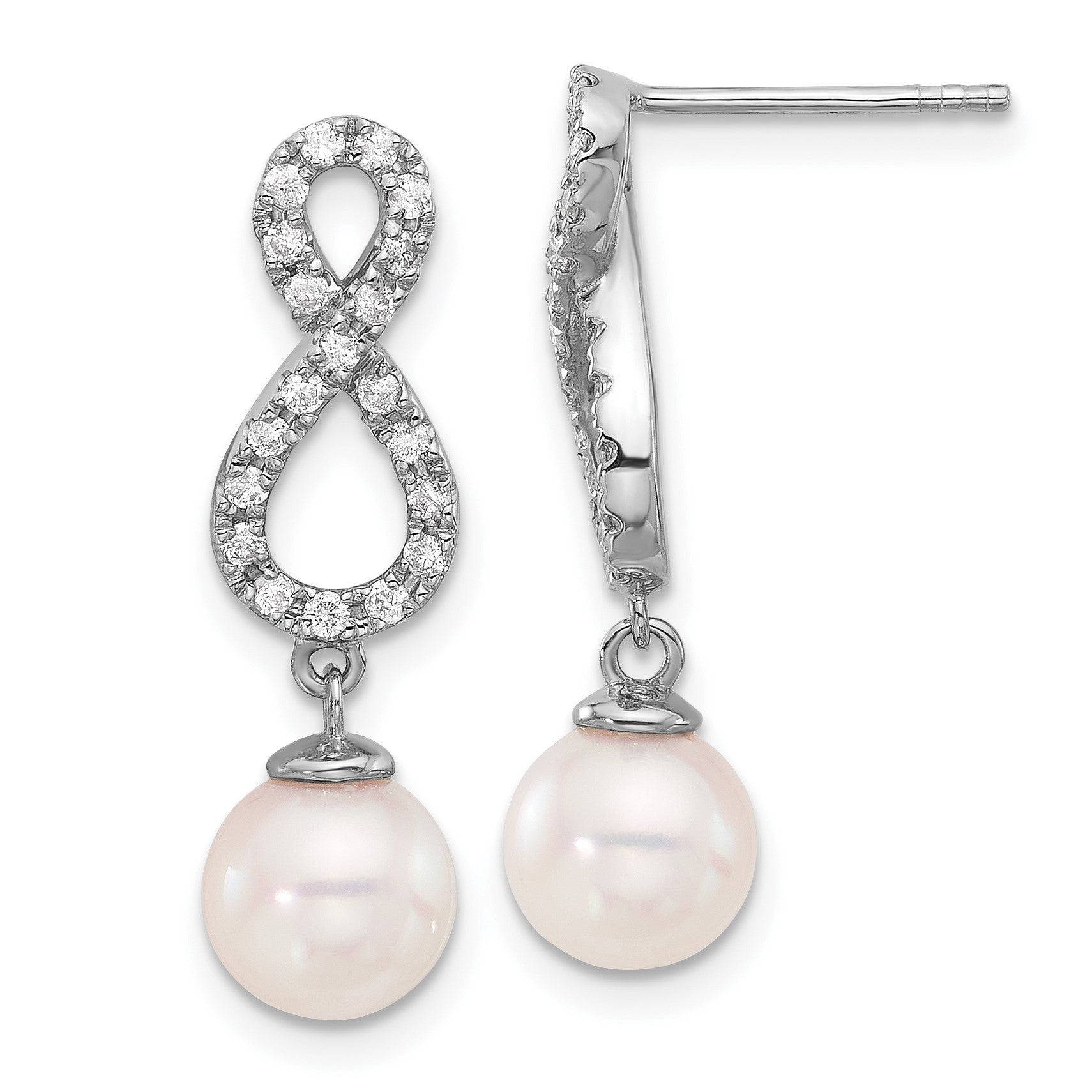 14k White Gold 7-8mm White Round Akoya Saltwater Cultured Pearl and .40 Carat Diamond Infinity Post Dangle Earrings