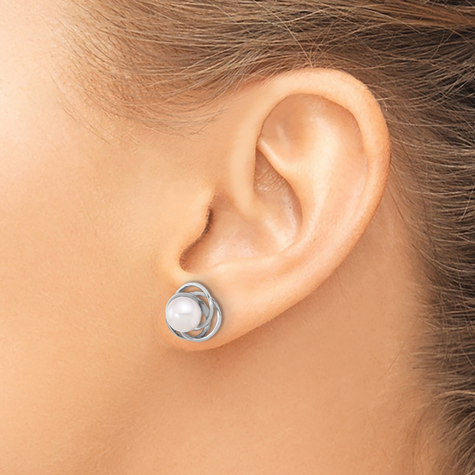 14k White Gold 6-7mm White Round Akoya Saltwater Cultured Pearl Love Knot Post Earrings