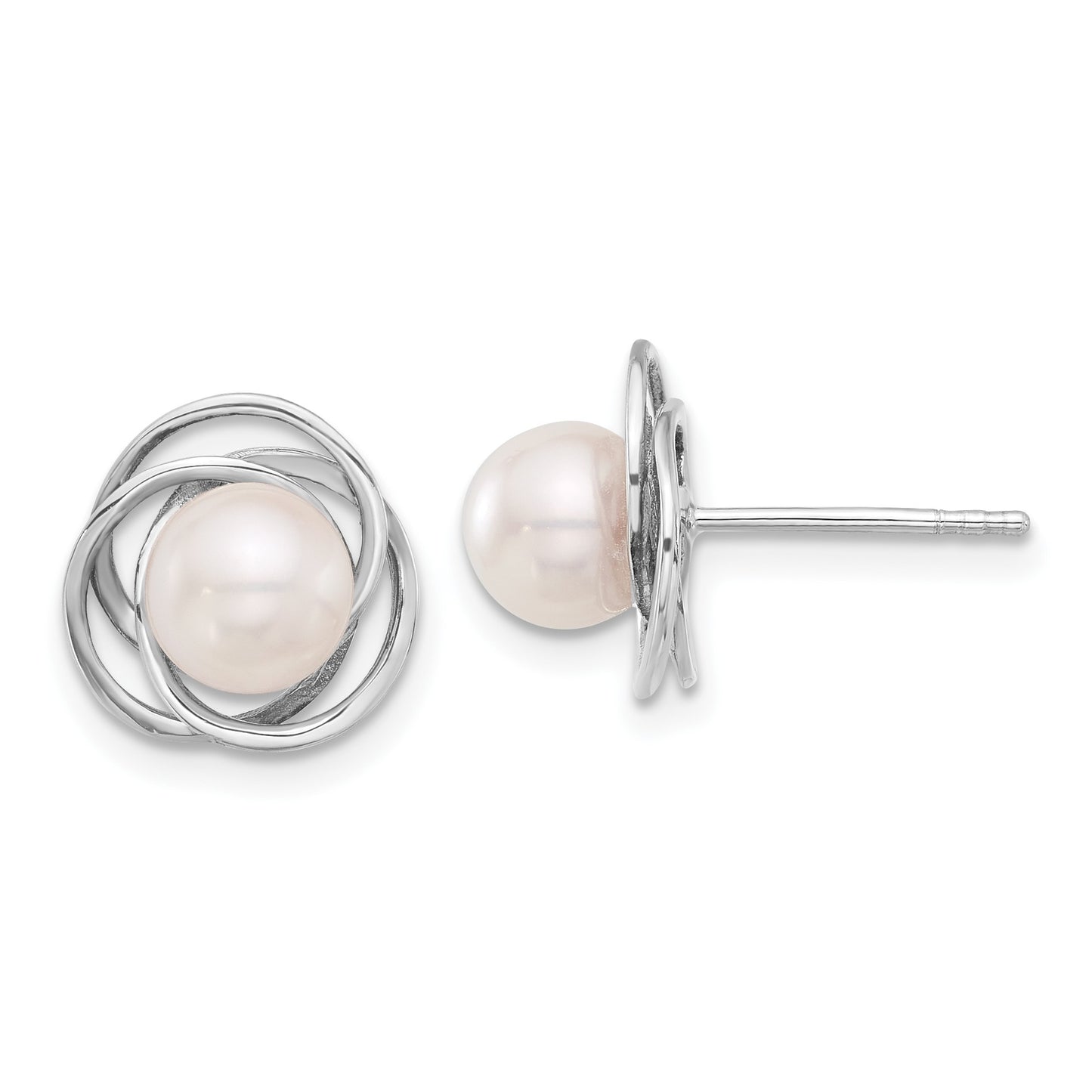 14k White Gold 6-7mm White Round Akoya Saltwater Cultured Pearl Love Knot Post Earrings