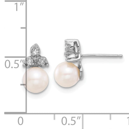 14k White Gold 5-6mm White Round Freshwater Cultured Pearl .06 Carat Diamond Post Earrings