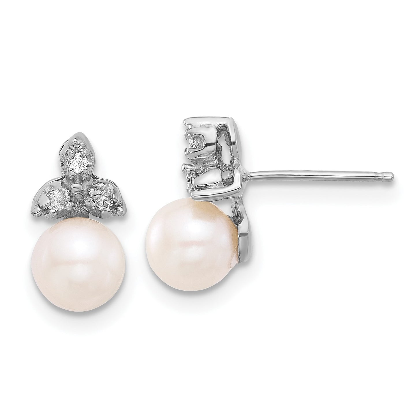 14k White Gold 5-6mm White Round Freshwater Cultured Pearl .06 Carat Diamond Post Earrings