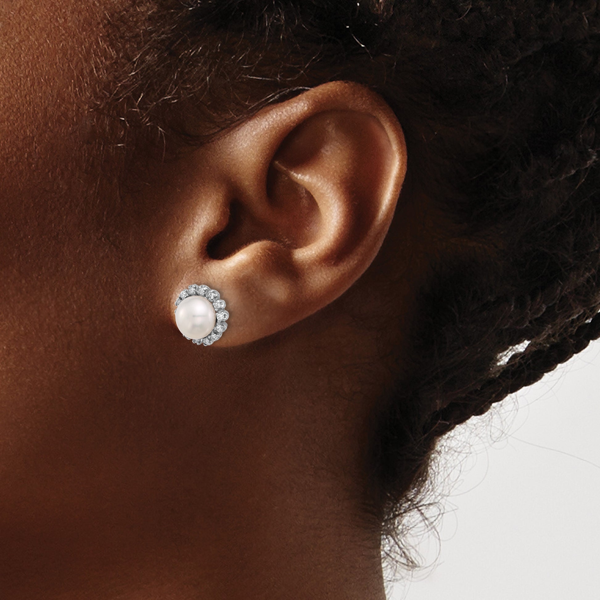 14k White Gold 7-8mm White Button Freshwater Cultured Pearl and .28 Carat Diamond Halo Post Earrings