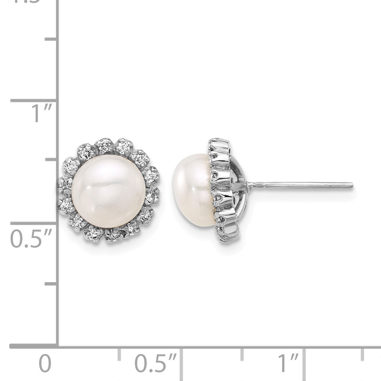 14k White Gold 7-8mm White Button Freshwater Cultured Pearl and .28 Carat Diamond Halo Post Earrings